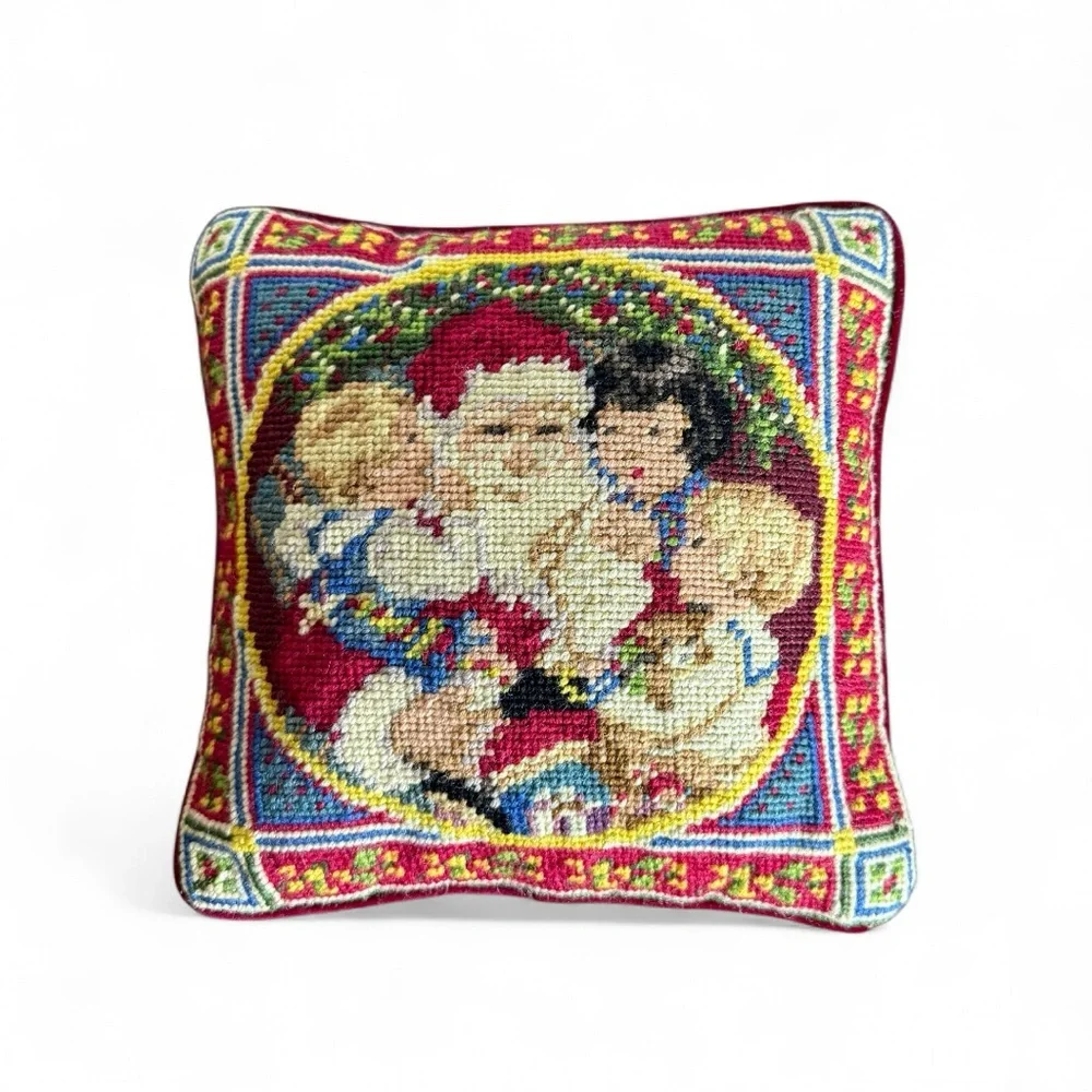 Vintage Needlepoint Pillow Christmas Santa Claus Children Holiday Decor Square‎